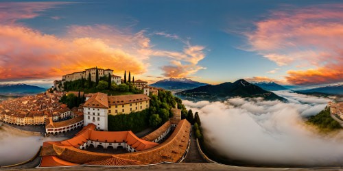 A flawless, ultra-high-resolution portrayal of Monselice's ancient city center, capturing the essence of medieval architecture, lively markets, and terracotta roofs gleaming under an Italian sunset, against a backdrop of majestic alps on the horizon, a perfect masterpiece in immense detail.