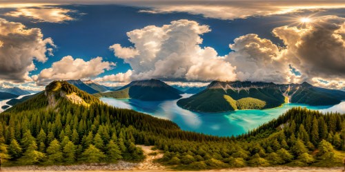 Nestled within towering mountains and lush pine trees, a flawless, ultra high-resolution lake panorama unfolds—an idyllic view from a rowboat's perspective in the tranquil midst, capturing the sparkling water under the warm embrace of sunlight, inviting viewers to a moment of serene perfection.