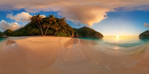 A stunning beach setting at the peak of golden hour, the crystal clear waters reflecting the pastel hues of the sky, powdery sand shimmering under the warm, radiant sunlight, every grain captured in exquisite ultra high resolution detail.