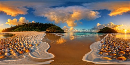 An immaculate, high-definition shoreline masterpiece showcasing intricate seashells, shimmering tide pools, iridescent sand dunes, and a blazing sunset casting golden hues over the pristine waters, granting it an aura of perfection and seamless beauty.