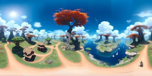 VR360 view, masterpiece quality. Ultra-high resolution, planetscape. Lush vegetation, otherworldly flora, colossal alien trees. Cloud-swirled cerulean sky. Stylized Pixar-like rendering.