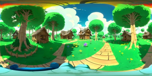 VR360 Hayao Miyazaki anime style, dreamlike realism, dense bamboo forest, towering camphor tree, Totoro-inspired elements. Air filled with dandelion fluffs, leafy overgrowth, lush green landscape. VR360 ultra high-res immersive view, vivid colors pop, masterpiece quality.