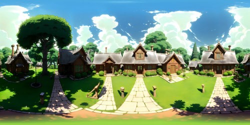 Ghibli-inspired VR360 dreamscape, oversized camphor tree, ornate Totoro house, age-worn shingles, hand-carved woodwork. Lush verdant surrounds, idyllic rural charm, detailed foliage, sweeping panoramic perspective. Stylized Miyazaki aesthetic, soft pastel palette, high-resolution rendering, whimsically serene VR360 scene.