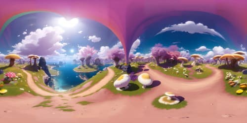 Masterpiece VR360, digital painting dominating, ultra-high-resolution fantasy panorama. Suspended islands, laden with mushroom forests, colossal moons casting ethereal ambiance, VR360 cradling gargantuan pink sun. Quality mastery, visual enhancements.