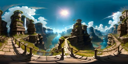 masterpiece quality, Elden Ring-inspired landscape, ultra high-res VR360, cascading waterfalls, towering ruins, eerily glowing moon, ethereal mist, shards of broken chains, surreal art style