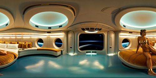 An impeccably rendered, ultra high-resolution futuristic bedroom onboard a spacecraft, featuring gleaming metallic surfaces, softly illuminating ambient lighting, advanced holographic interfaces showcasing distant galaxies with mesmerizing detail, and a highly intricate figure of Slave Leia elegantly posed by the bedside, creating a flawless masterpiece of sci-fi opulence.