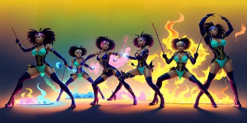 four african american women wearing black and blue leotards with thigh high boots. one woman has dreadlocks. two women are carrying flaming spears.