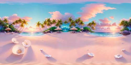 VR360 tropical island enchantment, ultra-high resolution. Transparent ocean, serene seashells. Swaying palms, lush foliage. VR360 breathtaking skyline, dancing with vivid sunset hues. Digital-painting style surrealism, hyper-detailed masterpiece.