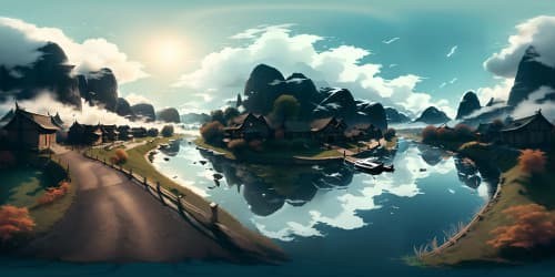 Misty clouds, ultra high-res, classical Chinese ink style, cold tranquil river, solitary boat drifting, VR360 stunning masterpiece. Best quality, traditional aesthetic, immersive VR360 view.