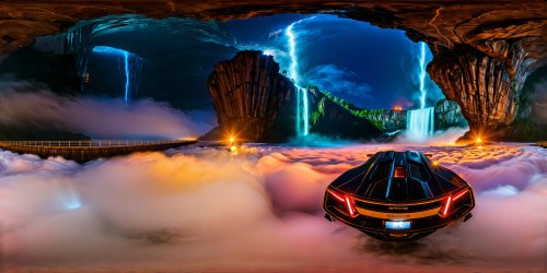 In a flawless, ultra high-res cyberpunk rendition, the enigmatic Batcave at night gleams with neon-lit futuristic technology, towering metallic structures, cascading waterfalls of glowing data streams, and sleek, high-tech vehicles silently parked under a shadowy, brooding sky.