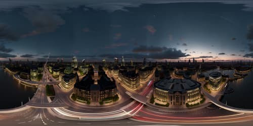 Masterpiece-quality, richly detailed VR360 panorama of London's skyline, bathed in a nocturnal glow. Ultra-high resolution, featuring London's iconic structures subtly outlined against star-studded night sky. Expressive, Pixar-style artistry.