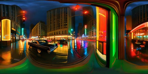 Transcendent scene through a vintage bar window reveals a bustling 1960s Chicago street drenched in rain, neon lights casting reflections on the shimmering pavement, vintage cars streak by in blurred elegance, red and green traffic signals glow amidst the mesmerizing storm, showcasing the cityscape in a flawless, cinematic ambiance.