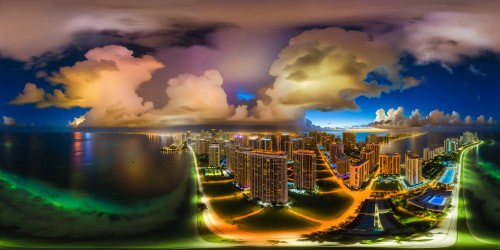 An ultra high-res VR360 panoramic view capturing the Miami skyline at twilight, adorned with a silhouette of palm trees standing against the sky, awash in the soft neon glow of city lights. This masterpiece features distinct, vivid colors and photorealistic textures, creating an impactful contrast that immerses viewers in a stunning digital painting of flawless quality.