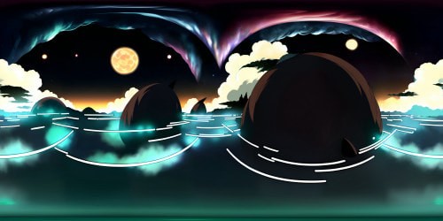 Masterpiece quality, luminescent night sea, VR360 shimmering reflections, profusion of stars. Outreached cosmos, ultra-high resolution, VR360 velvet-black firmament. Pixar-style luminosity, undulating ocean surface, exaggerated starlight prisms dancing on waves.