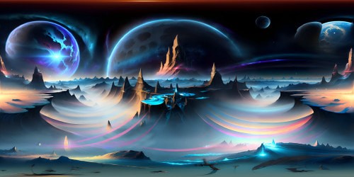 Saturn's surface beneath, ultra high-res VR360. Cold steel-blue ice fields, jagged silhouettes of icy mountains. Towering above, Saturn's rings - unique VR360 spectacle. Masterpiece tapestry of space: multicolored cosmic dust, iridescent, glinting in distant sun's glow. Style: hyperrealism, awe-inspiring grandeur.