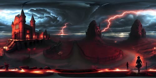 TV drama Stranger Things styled Gothic CREEPY Castles SURROUNDED BY skinny vocalnic stones. dark red background. RED Lightnings in the sky