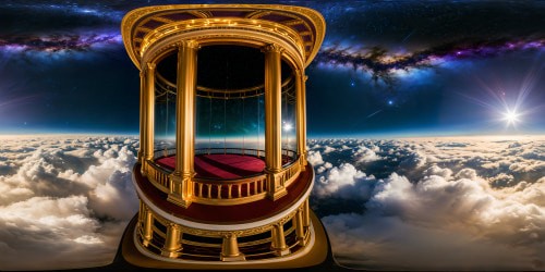 A grand theater floating within the vast expanse of space, intricately detailed celestial backdrop, shimmering cosmic curtains, dazzling starlight casting a theatrical glow, immersive 8k resolution.