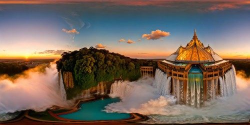 A breathtaking view of a majestic crystal palace atop a shimmering waterfall, surrounded by lush, vibrant gardens, under a kaleidoscope of starlit skies, reflecting in a pristine pool at golden hour, every minute detail sparkling in ultra-high definition perfection.