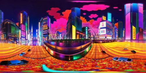 Immersive futuristic cyberpunk cityscape under a neon-lit sky, towering holographic skyscrapers, bustling streets filled with hovercars, cascading waterfalls of LED light, bustling marketplace, Sakura petals drifting in the luminescent glow, highly detailed and vividly animated artwork.