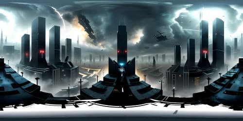 Ultra high-resolution VR360 view, dystopian cityscape. Masterpiece quality, shattered skyline, monolithic ruins. Striking contrasts, VR360 expansiveness. Style: graphic novel realism, moody color palette.