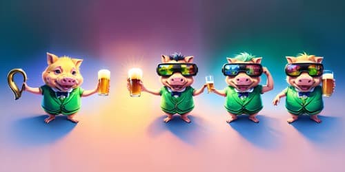 Three little pigs dressed in tuxedos and wearing sunglssses are drinking beer from mugs and eating ham