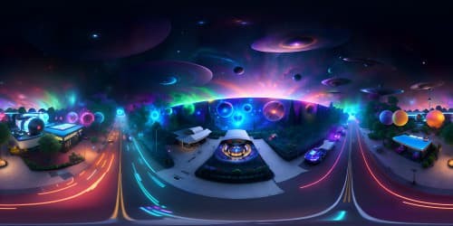 "Masterpiece-quality VR360 view: ultra-high-res wonderland, iridescent galaxies overhead, sparkling cosmic rivers, nebulae swirls in surreal art style. Brilliant, vibrant colors dominating the VR360 panorama. Unique, captivating visual medley."