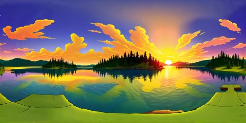 A mesmerizing sunset over a tranquil lake, golden light reflecting off glassy waters, lush forest backdrop, multi-colored sky masterpiece in unparalleled 6K resolution.