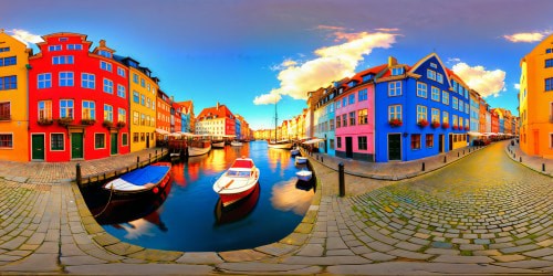 Vivid street view of Nyhavn in Copenhagen under a flawless, cloudless blue sky, brilliantly reflecting colorful historic buildings lining the canal, glistening cobbled streets, boats drifting on tranquil waterways, picturesque architecture in perfect sharp detail.