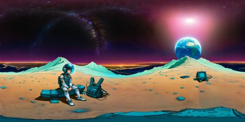 Sitting on the barren lunar surface, a solitary figure gazes at the holographic Earth, city lights shimmering in the void, neon-blue stars reflecting in their visor, a scene straight out of a cyberpunk dream, flawlessly detailed with ultra-high resolution.