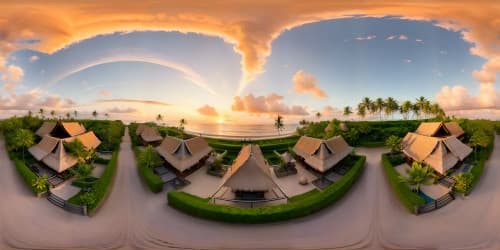 Ultra high-res VR360, Bali beach grandeur, azure tide caressing sun-kissed sands. Sunset casting hues of gold, orange, and crimson. Majestic palm silhouettes, straw-roofed huts. Style: Masterpiece quality, exquisite detailing, balanced composition.