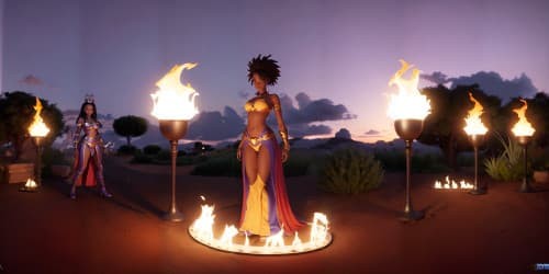 four african american female sorceresses with flaming swords.they are evil. two women have dreadlocks. boots.