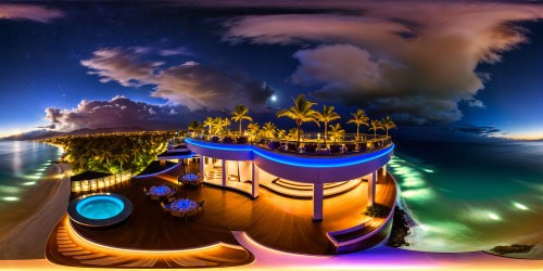 A cutting-edge, futuristic nightclub set on a moonlit beach, featuring sleek modern architecture, neon lights reflecting off the shimmering shoreline, palm trees swaying in the gentle ocean breeze, and a star-studded sky casting a magical glow on the flawless scene.