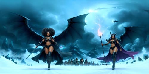 black female sorceress riding a winged dragon spitting ice shards in a fantasy landscape. the sorceress holds a flaming staff. one sorceress is african american with dreadlocks. no wings.wearing capes.three of them. one is wearing a cape.