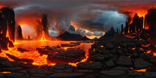 A grand infernal realm ablaze with swirling flames, towering obsidian monoliths, ominous fiery chasms, and a blood-red sky cascading with molten lava in ultra high resolution, a hellish masterpiece.