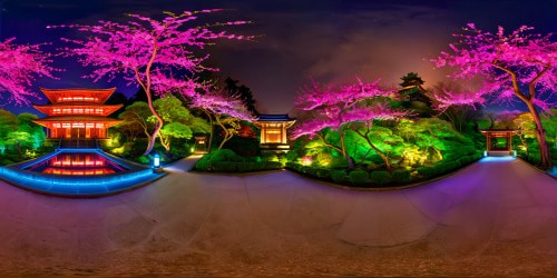 A flawless, high-resolution depiction of a captivating oriental garden under a blanket of glowing neon lights, cherry blossoms in full bloom, a majestic temple silhouette against the velvety nighttime sky, a serene masterpiece of beauty and tranquility.
