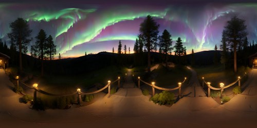 VR360 masterpiece ultra high-res, ultrarealistic forest valley panorama. Sparse, snow-dusted cabins, mountain overlook, starry sky with Aurora's dance. Dusty dusk atmosphere, remote wilderness. VR360 soft light illumination, fine detailing in Pixar style.