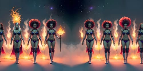 four women wearing white leotards with thigh high boots. they are evil sorceresses'. they are african american women_one woman is carryinga glowing red mace_two of the women have dreadlocksFOUR AFRICAN AMERICAN AMERICAN WOMEN WEARING RED LEOTARDS AND THIGH HIGH BOOTS' THEY ARE WITCHES. ONE HAS DREADLOCKS. ONE WITCH IS CARRYING A FLAMING TRIDENT.