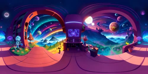 Ultra high-resolution VR360, Rick and Morty universe, vibrant multicolored portals, odd alien landscapes. Masterpiece quality, stylistic elements from show, exaggerated dimensions, whimsical sci-fi structures, surreal VR360 cosmic background.