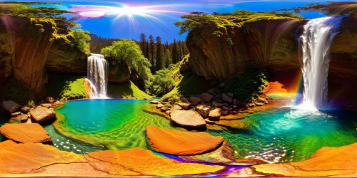 An exquisite, flawless crystal-clear waterfall cascading into a pristine pool, refracting sunlight, vivid rainbow, ultra high resolution, pure visual harmony.