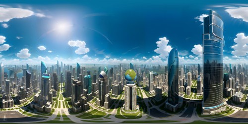 VR360 view, heart of towering metropolis, skyscrapers extending miles high. Imposing glass facades, light reflections, diverse architecture. Ultra-high res, viewpoint shifting up, VR360 panorama of urban grandeur. Style: photorealistic, digital painting.