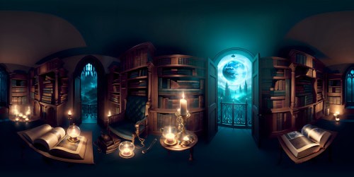 Masterpiece-quality VR360 view, Hogwarts library interpreted with ultra-high resolution. Enormous room filled with towering bookshelves, magical scrolls. Floating candles illuminating ancient tomes, planetary globes. Awe-inspiring, fantasy art aesthetic for a crystal-clear VR360 experience.