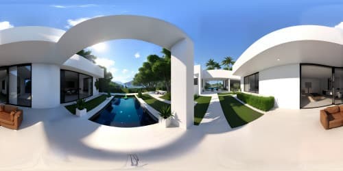 Luxurious mansion, modern design, expansive VR360 glass walls, avant-garde furniture, grand staircase, high-end artworks, spacious rooms. Ultra-high-resolution, unparalleled detailing. VR360 panorama, remarkable visual quality. Clean lines, minimalistic style, a masterpiece home to stroll in.
