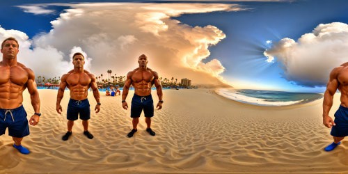 A flawless, high-resolution depiction of iconic Muscle Beach in California, five statuesque Caucasian bodybuilders with bulging, sculpted biceps, standing proudly under the radiant sun, exuding power and strength, poised for admiration against a backdrop of gleaming sand and azure Pacific waters.