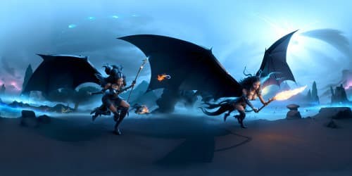 black female sorceress riding a winged dragon spitting ice shards in a fantasy landscape. the sorceress holds a flaming staff. one sorceress is african american with dreadlocks. 