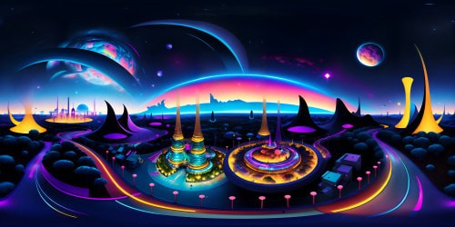 Ultra high-resolution VR360 cityscape, modern architectural masterpiece, glinting glass towers, neon highlights. Silky night sky, galaxies above. Style: photorealistic, hyper-detailed surfaces, sleek modernity, sparkling lights in VR360 panorama.