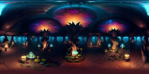 Masterpiece quality, ultra-high-resolution VR360 view, prehistoric cavern vastness. Stalactite-studded ceiling, iridescent mineral veins. Bioluminescent fungi glowing, magical illumination. Fantasy art style, ethereal lighting effects, cavernous expanses in VR360 magnificence.