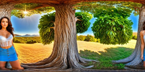 A flawlessly detailed, ultra-high-resolution portrait capturing a radiant brunette standing gracefully by a majestic tree, her bright blue eyes sparkling with joy amid the sunlit, vibrant outdoor setting, exuding confidence in a light denim skirt and white bra, enchantingly revealing a peek of white beneath, all in a natural, mesmerizing scene.