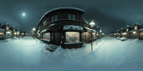 Ultra high-resolution masterpiece. Realistic 1970s British high street, snow-covered. Snowfall intensifying. Vintage vehicles in motion. Flickering streetlights casting long shadows. VR360 perspective of a snowy night, devoid of human presence. Realistic style, emphasis on lighting, texture, and depth. Dark, moody hues. Authentic 1970s details.