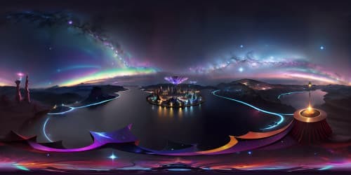 Masterpiece quality, ultra-high resolution, VR360 sparkling diamond sky, shimmering in vivid hues. Lustrous starry canopy, VR360 view of a radiant, majestic nebula. Intricate, hyper-realistic, richly detailed, digital painting style.