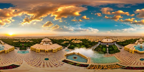 A luxurious oasis in the heart of an opulent Muslim paradise unfolds with ornate palaces adorned with intricate mosaics, lush gardens blooming with vibrant flowers, and elegant fountains glistening under a radiant, golden sun.